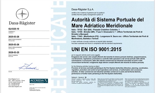 L’Autorità di Sistema Portuale del Mare Adriatico Meridionale ha ottenuto la certificazione UNI EN ISO 9001:2015.