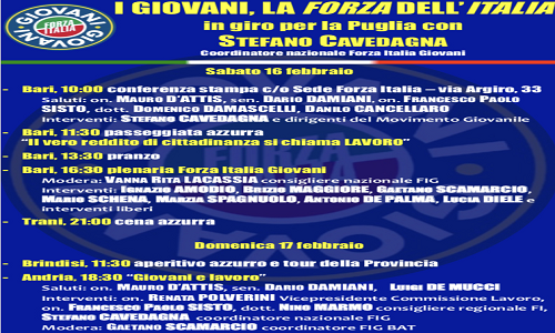 “I Giovani, la Forza dell’Italia” il Tour della Puglia di Cavedagna fa tappa a Brindisi e Provincia