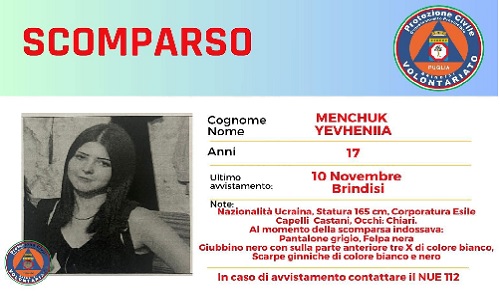 Prefettura:ricerche per la scomparsa di una 17enne ucraina