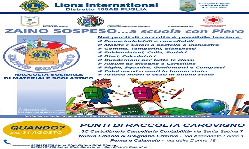 “Zaino sospeso… A scuola con Piero”: il Lions Club Ostuni Città Bianca rinnova il service 