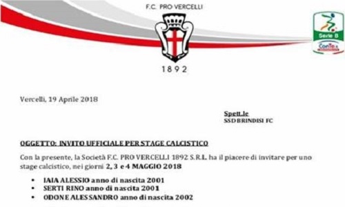 Stage calcistico con la F.C. Pro Vercelli per tre giovani cat. Allievi del Brindisi calcio
