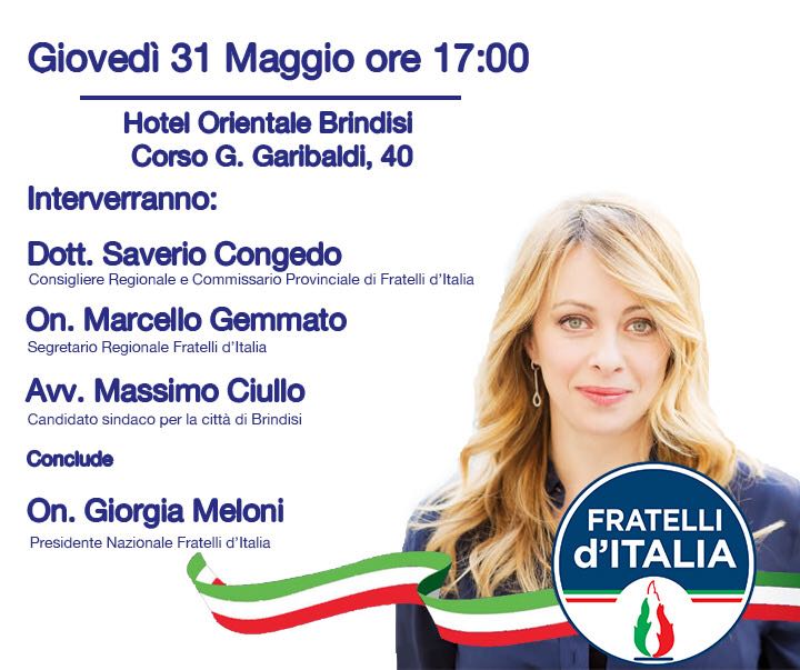 Domani la leader di Fratelli d'Italia Giorgia Meloni a Brindisi