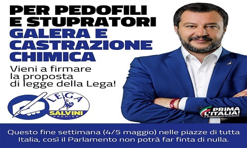: Lega-Salvini Premier in Piazza a  Brindisi per raccogliere le firme dei cittadini per la petizione a sostegno della proposta di legge che prevede la castrazione chimica per pedofili e stupratori