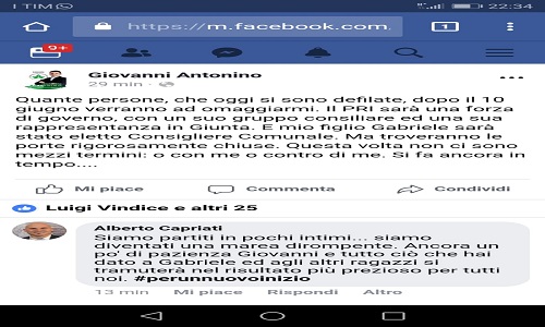 I candidati a sindaco Serra (mov.5 stelle) e Ciullo (centro destra)su post di Antonino su facebook