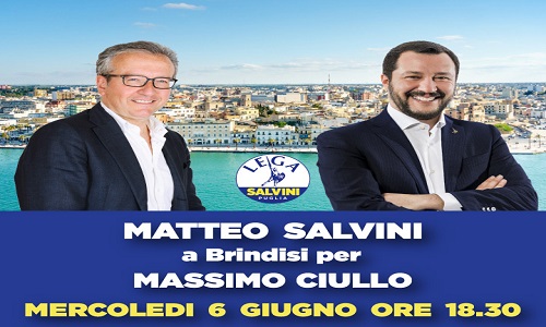 Matteo Salvini incontra la città Mercoledì 6 giugno. Comizio in Piazza Vittoria ore 18:30 per il leader Lega e neo ministro dell’Interno con i vertici di Lega Puglia e il candidato sindaco Massimo Ciullo