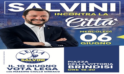 Matteo Salvini incontra la città Mercoledì 6 giugno. Comizio in Piazza Vittoria ore 18:30 per il leader Lega e neo ministro dell’Interno con i vertici di Lega Puglia e il candidato sindaco Massimo Ciullo