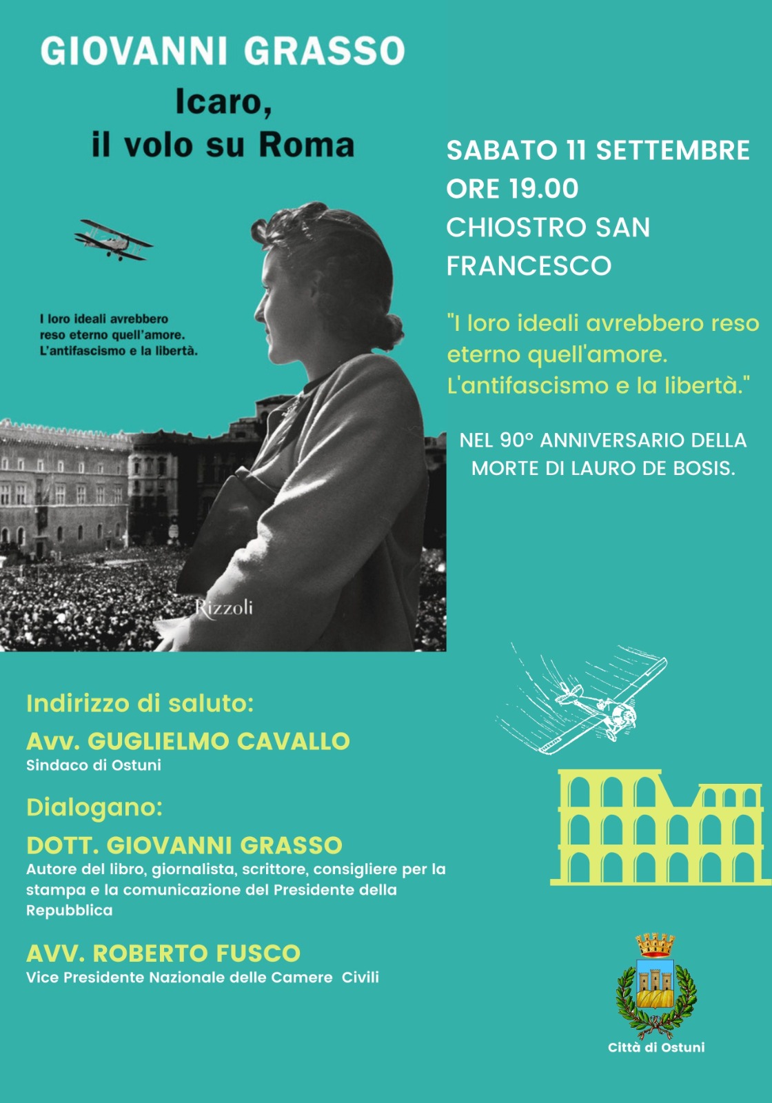 Ostuni: sabato 11 la presentazione del libro "Icaro in volo su Roma"