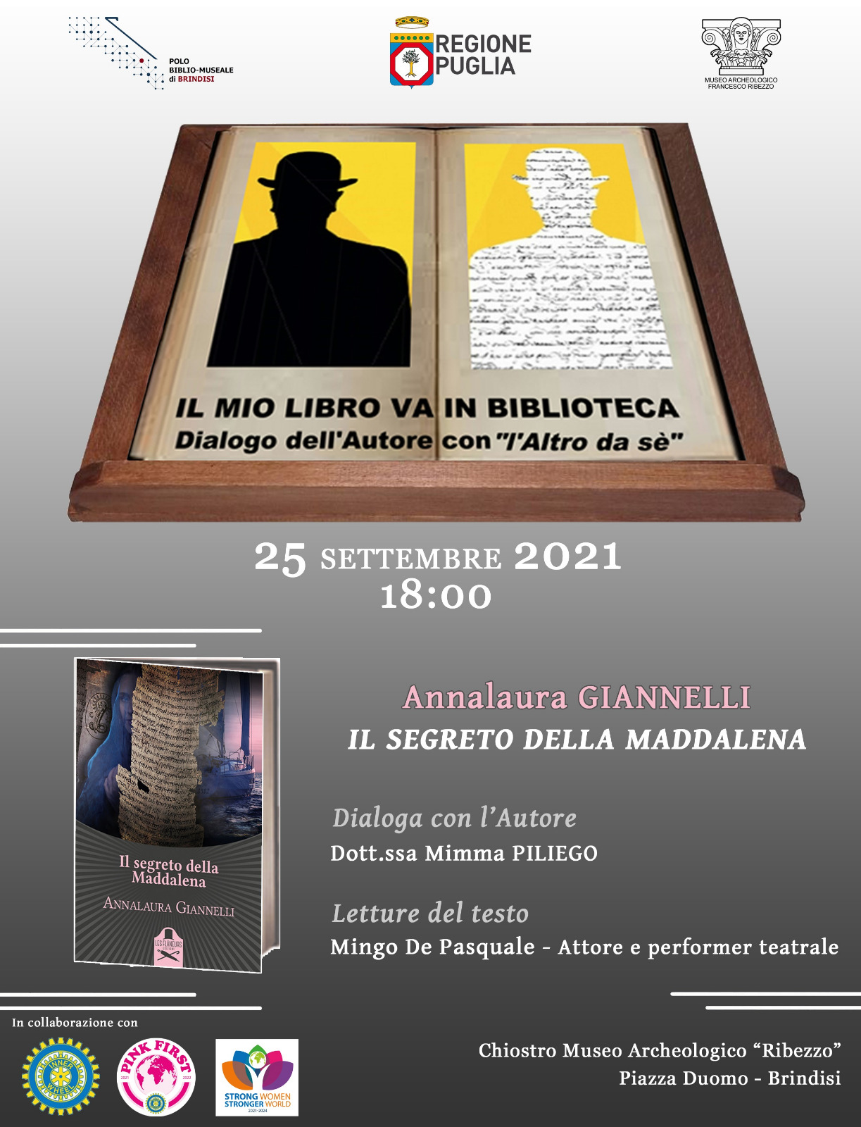 25 settembre presso l’atrio del museo “Francesco Ribezzo” presentazione del libro della scrittrice brindisina Avv.Annalaura Giannelli “Il segreto di Maddalena"