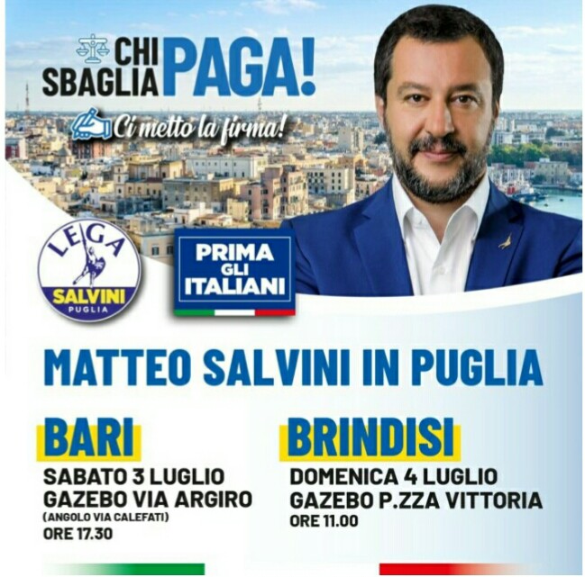 Domenica 4 il leader della Lega Matteo Salvini a Brindisi