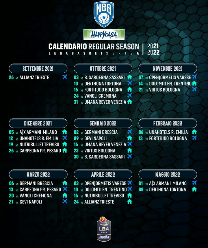 Il calendario LBA 21/22. Esordio a Trieste, doppio turno casalingo a Natale. Si conclude con Tortona