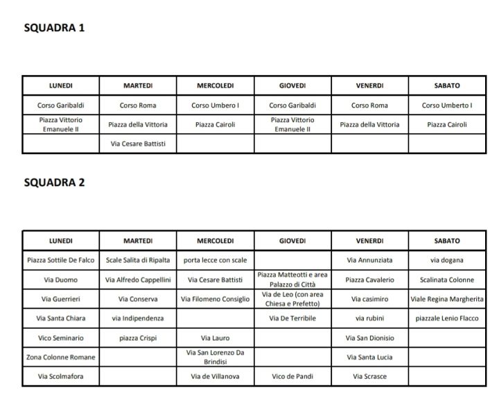 Brindisi: Calendario pulizia delle strade
