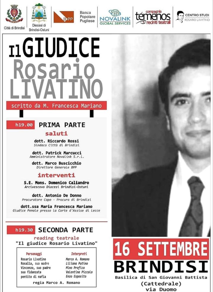 Il 16 settembre la rappresentazione teatrale: "Il Giudice Rosario Livatino"