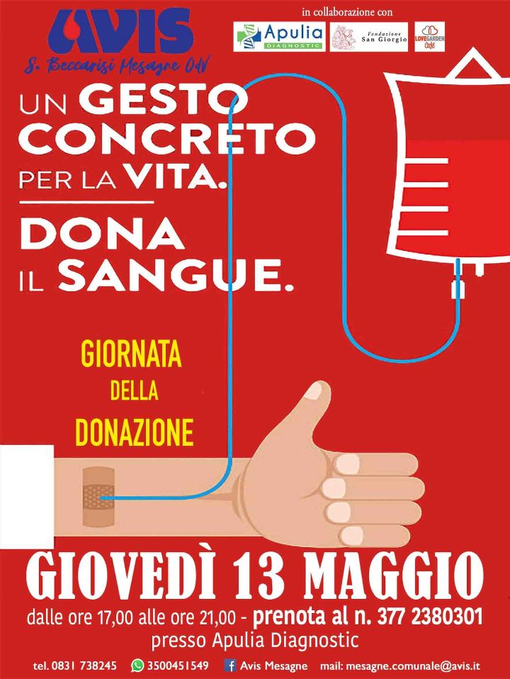 Avis, Giornata della donazione: giovedì 13 presso Apulia Diagnostic
