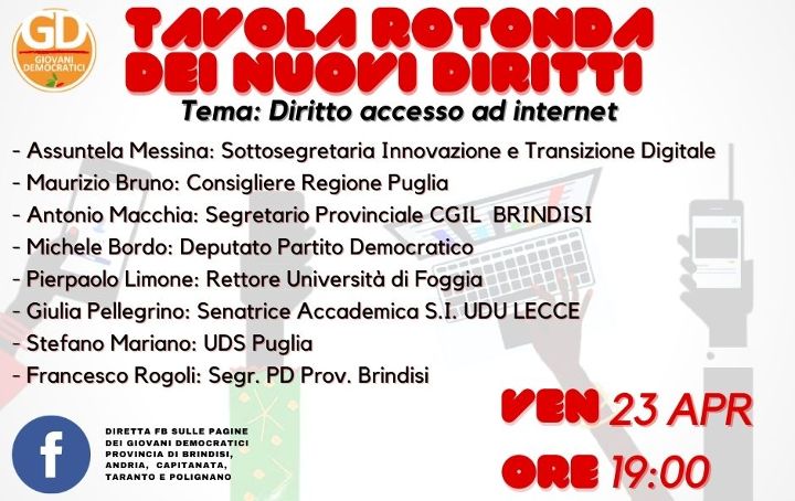 GD Provincia di Brindisi: 23 Aprile Evento Online - Diritto accesso a internet, con la Sottosegretaria Assuntella Messina