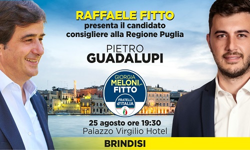 Regionali 2020: Domani la presentazione di Pietro Guadalupi (FDI) alla presenza del candidato presidente del centrodestra Raffaele Fitto 