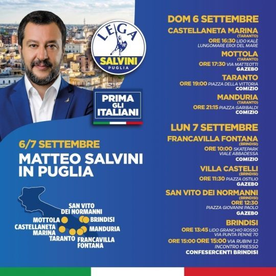 Tour brindisino il 7 settembre prossimo per il leader della Lega Matteo Salvini 