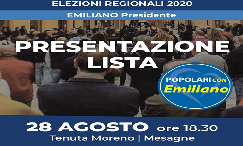 Venerdi’ la presentazione della lista “Popolari Con Emiliano” per la provincia di Brindisi
