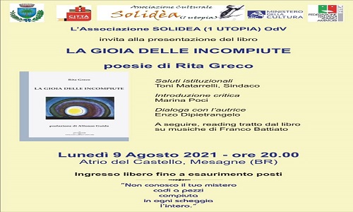 “La gioia delle incompiute”: Rita Greco presenta la sua raccolta di poesie lunedì 9 agosto nell’Atrio del Castello di Mesagne