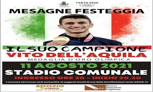 Mesagne festeggia il campione Vito Dell’Aquila, mercoledì 11 agosto allo Stadio “Alberto Guarini