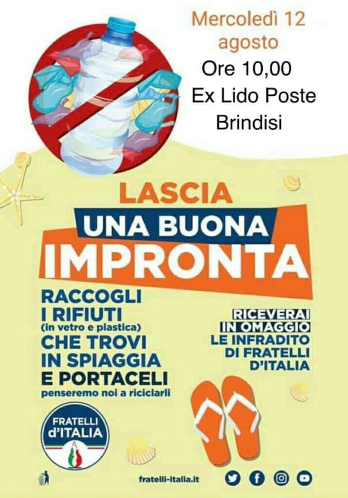 Anche a Brindisi l'iniziativa di Fratelli d'Italia "Lascia una buona impronta". Appuntamento domani all'ex Lido Poste