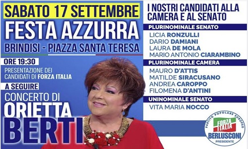 Forza Italia stasera a Brindisi la festa azzurra 