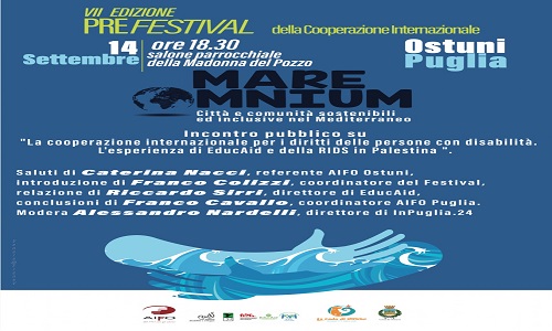 Ostuni: Il 14 e il 15 settembre due eventi sulla fratellanza, la vita e il volontariato in Palestina.      
