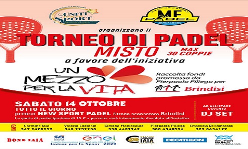 Tutto pronto per il Torneo di Padel di beneficenza in programma sabato 14 ottobre presso i campi della Asd “New Sport Padel” 