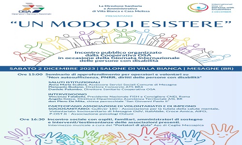 Mesagne, sabato 2 dicembre incontro pubblico a Villa Bianca: “Un modo di esistere” 