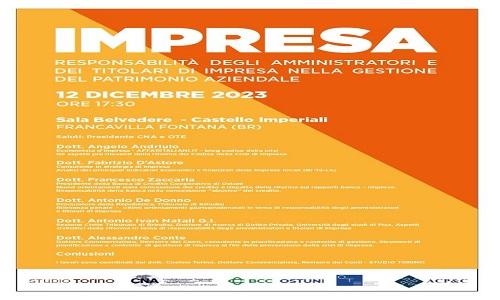 Francavilla Fontana ospita il convegno sulla responsabilità degli amministratori e dei titolari di impresa nella gestione del patrimonio aziendale.