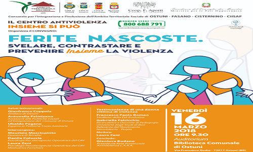 Ferite Nascoste. Svelare, Contrastare e Prevenire Insieme la Violenza: venerdì 16 convegno ad Ostuni organizzato dal CAV “Insieme Si Può”