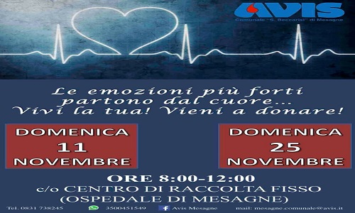 Mesagne: Domenica 11 novembre donazione Avis