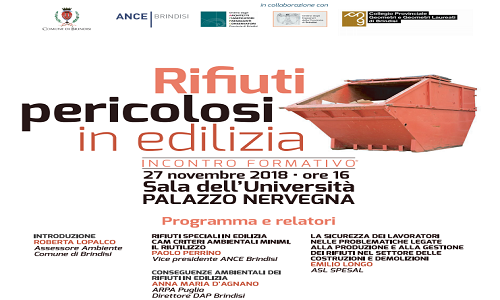 “Rifiuti pericolosi in edilizia”: domani incontro formativo a Palazzo Nervegna 