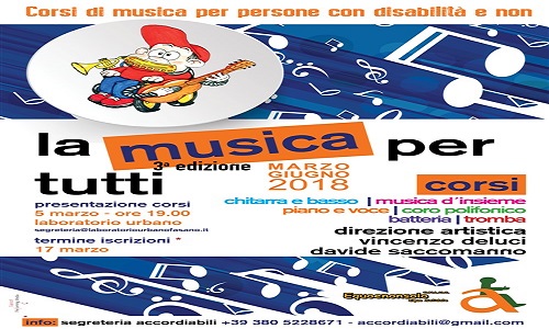 Il 5 marzo l'ass. AccordiAbili presenta il  Corso "La musica per tutti" terza edizione