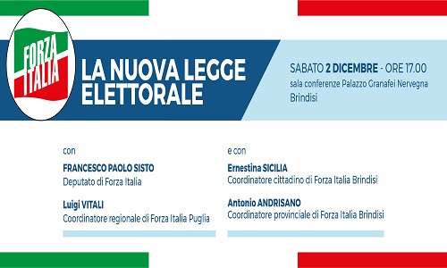 Forza Italia Brindisi: sabato 2 dicembre si parla della nuova legge elettorale con Francesco Paolo Sisto e Luigi Vitali