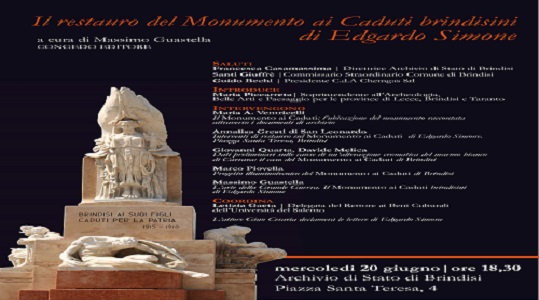 Domani la presentazione del volume “Il Restauro del Monumento ai Caduti brindisini di Edgardo Simone”