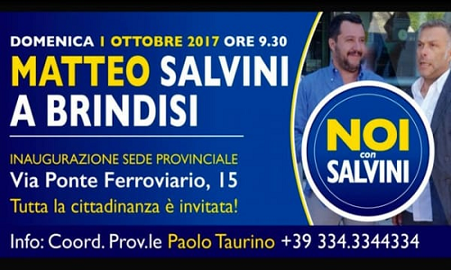Domenica 1 ottobre Matteo Salvini a Brindisi