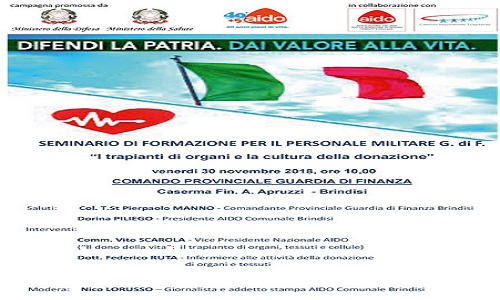 Il 30 novembre seminario ministeriale per la sensibilizzazione donazione organi al personale delle Fiamme Gialle