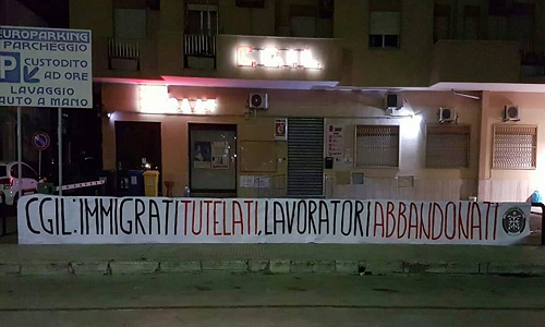 Brindisi: striscione di CasaPound sotto la sede della Cgil