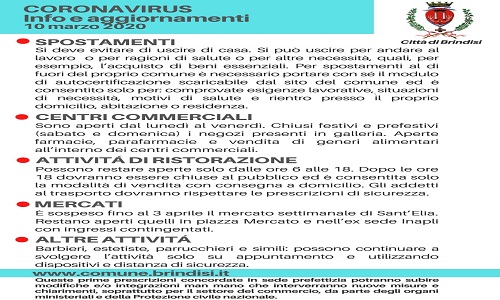 Comune di Brindisi :provvedimenti prevenzione Covid-19 10 marzo