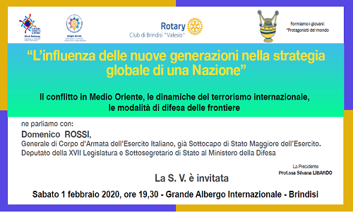 Domani il convegno organizzato dal Rotary Club Brindisi Valesio   “Il conflitto  in Medio Oriente, le dinamiche del terrorismo internazionale, le modalità di difesa delle frontiere.”