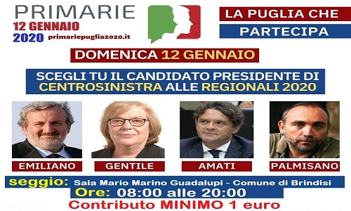 Pd Brindisi: domenica 12 gennaio le primarie del centrosinistra per la nomina del candidato presidente alle regionali 2020