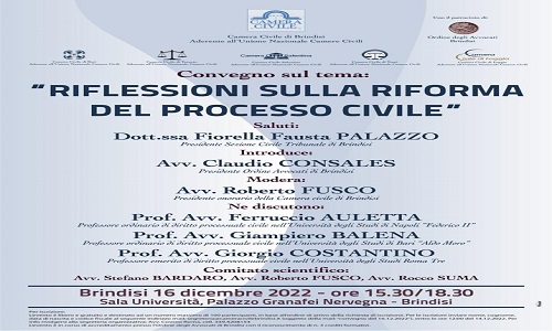 La Canera civile di Brindisi organizza un incontro dal tema "Riflessioni sulla riforma del processo civile"