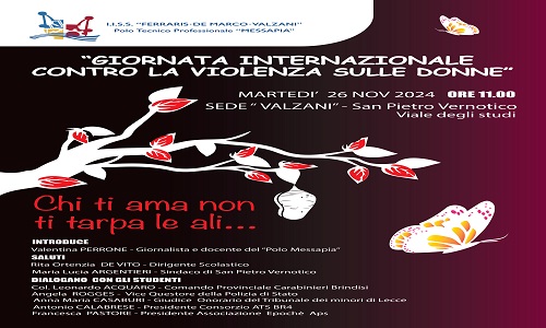 Il 26 novembre l’evento “Chi ti ama non ti tarpa le ali” all’Istituto Tecnico Valzani di San Pietro Vernotico.