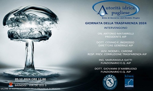 Salone di rappresentanza della Provincia di Brindisi: il 20 dicembre Autorità Idrica Pugliese invita alla Giornata della Trasparenza 2024