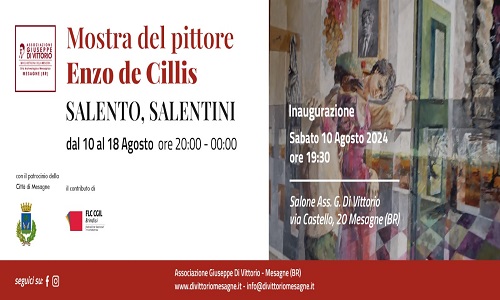 “Salento, Salentini”: sabato 10 agosto l’inaugurazione della mostra del pittore Enzo de Cillis