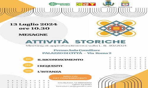 Attività Storiche e di Tradizione della Puglia”. Meeting di approfondimento a Mesagne sulla L.R. 30/2021